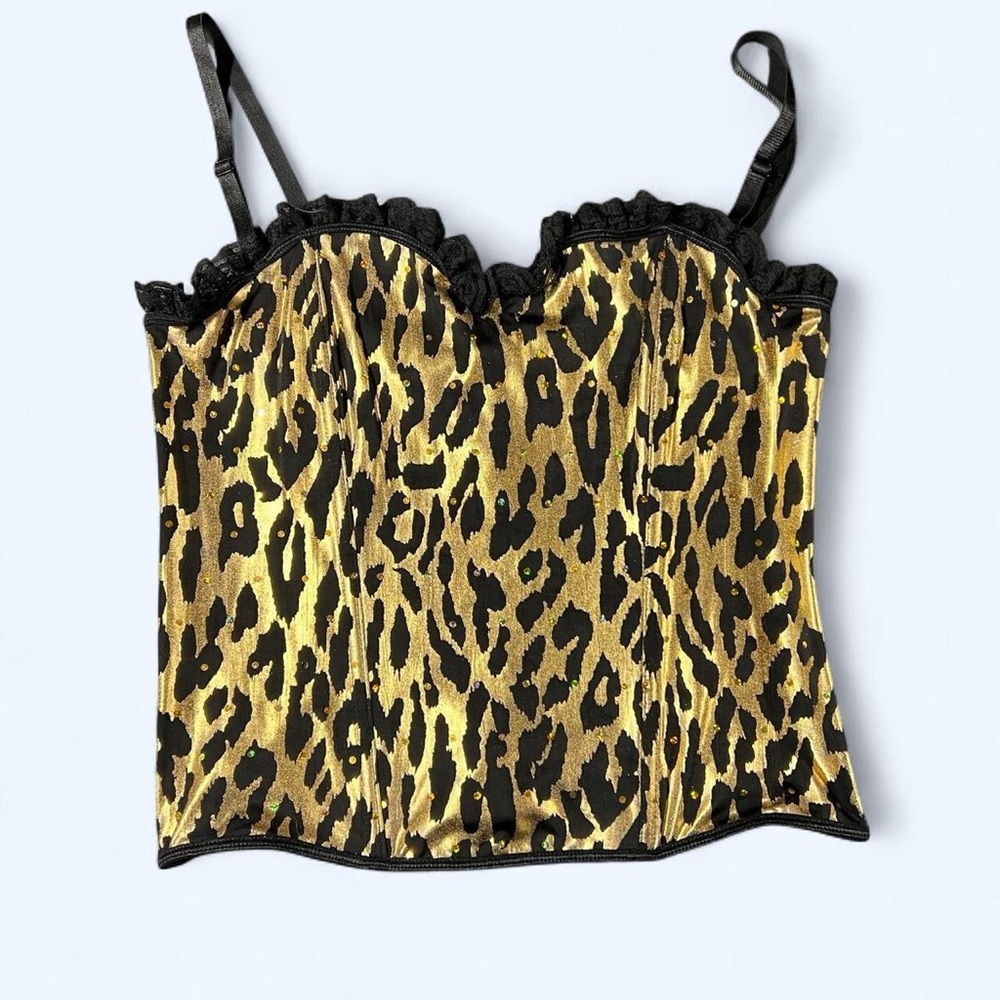 Leopard Cheetah Corset Sleeveless Top Gold & Black Halloween Costume XL Sequin